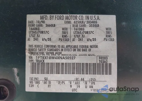 1999 Ford F-150 Lariat/Work Series/Xl/Xlt from USA, damaged, VIN 1FTRX18W4XNA50527